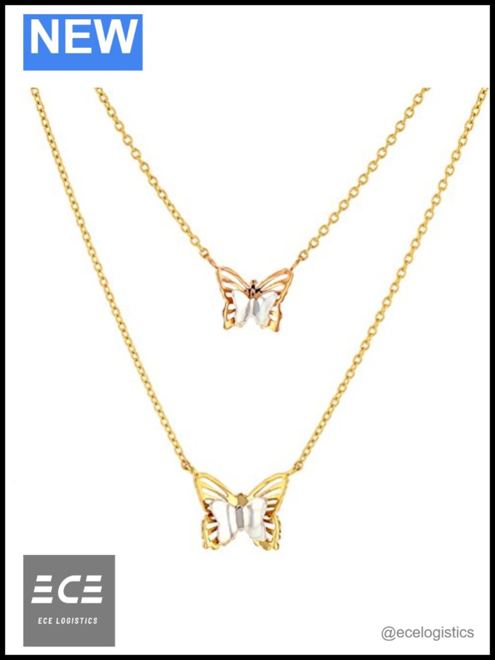 14K Tri-Color Gold Dangling Double Butterfly Pendant Necklace 18in